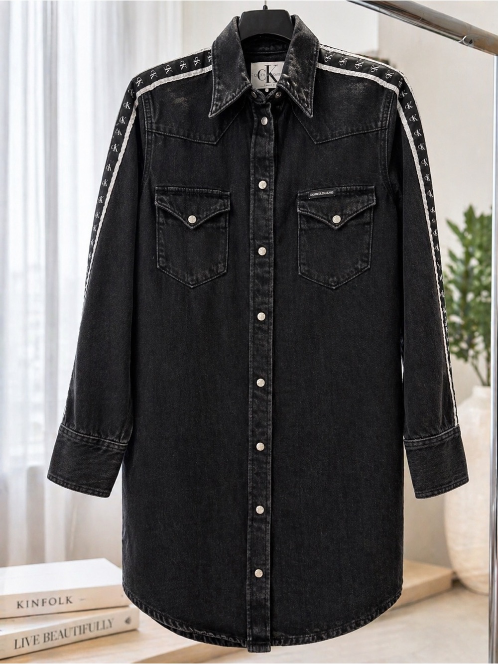 Calvin Klein Black Denim Western Shirt Jacket with Logo Tape